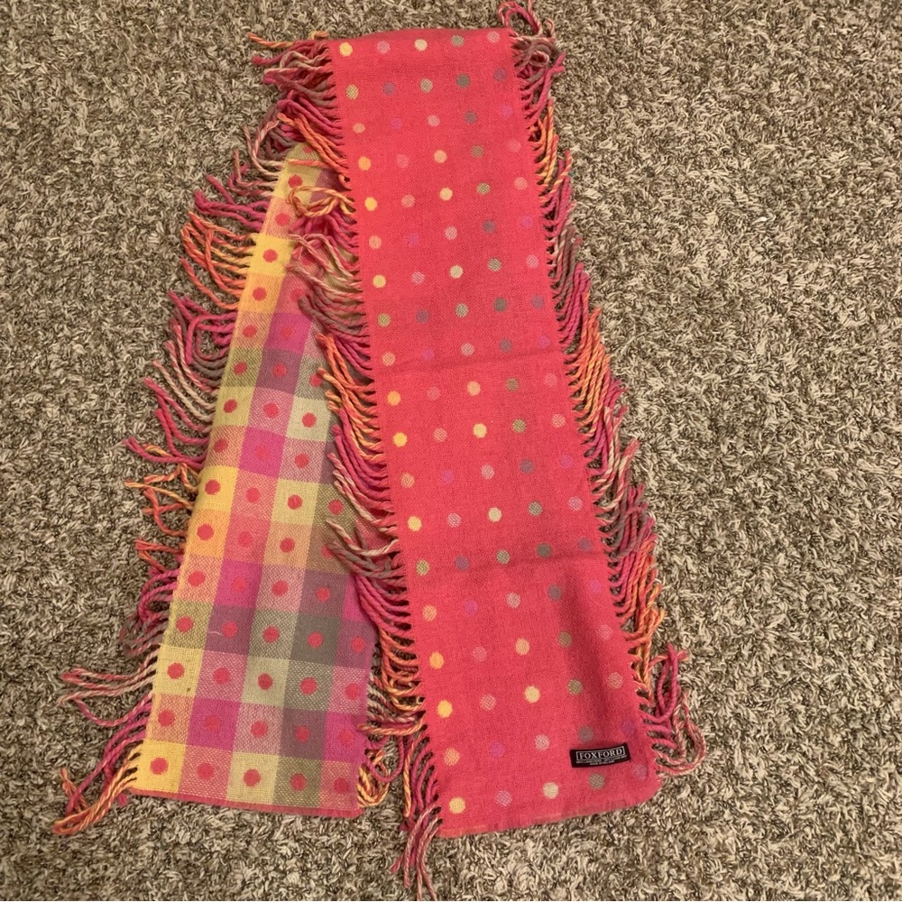 FoxFord 100% Lambswool Pink and Yellow Polka Dot Scarf with Fringe Trim